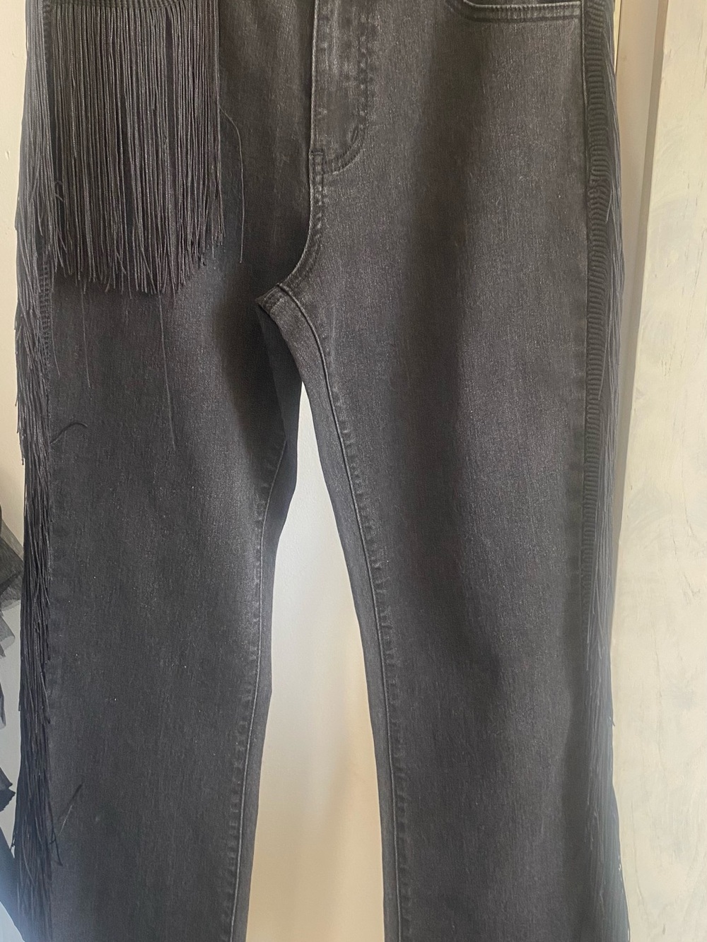 Black Fringe-Trim Denim Jeans